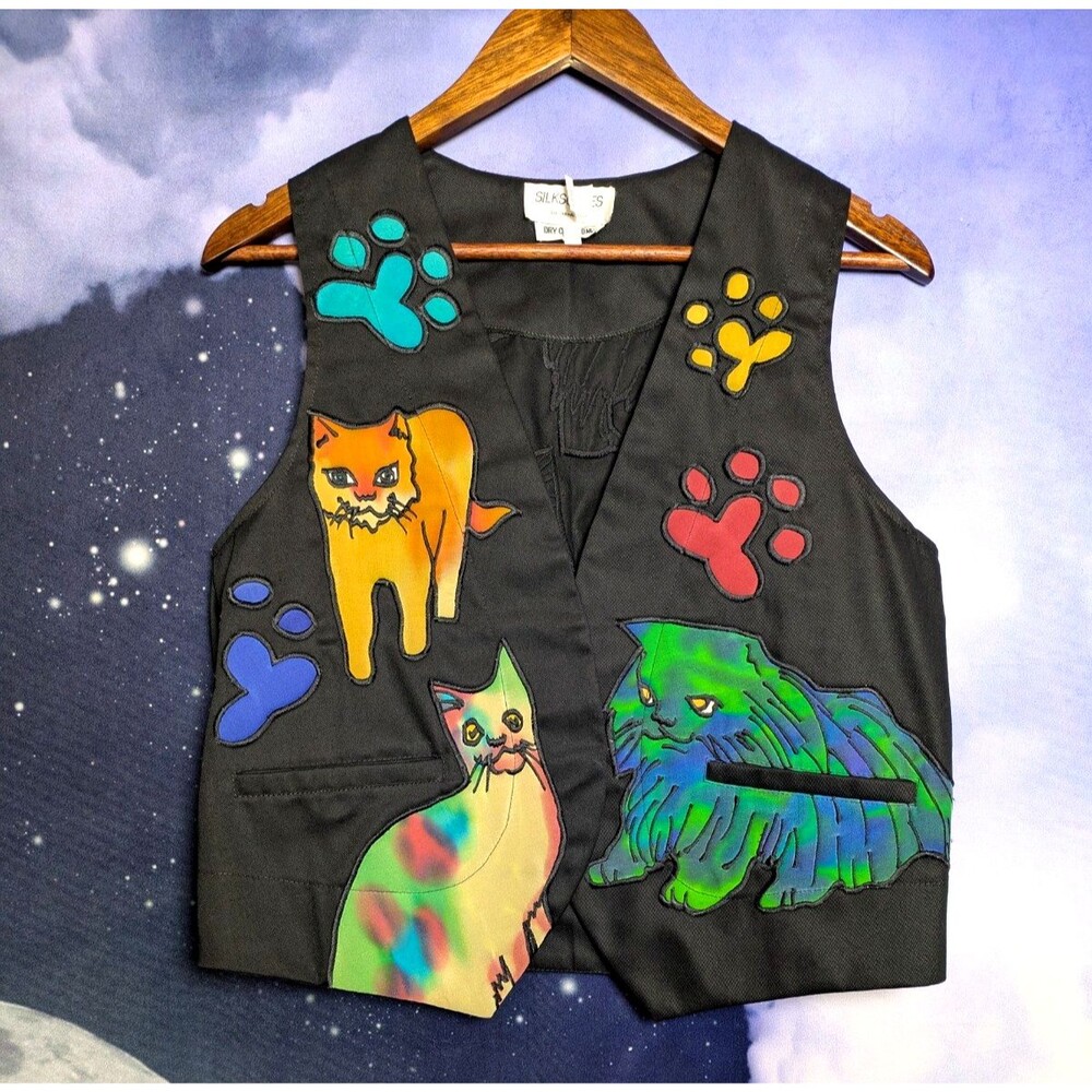Vintage Silkscapes Cat Vest Black Silk Appliqué Whimsical Art to Wear Size S